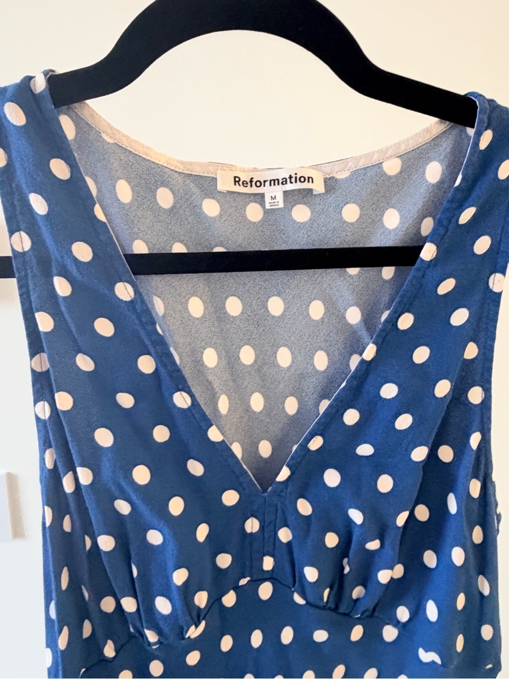 Reformation Navy Blue Polka Dot V-Neck Midi Dress